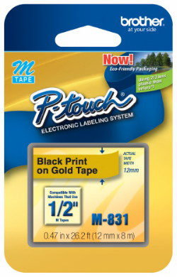 Fita p/ rotul. Brother M-831 preto sobre dourado 12mm