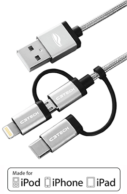 Cabo USB 3 em 1 Lightning microUSB USB-C C3tech CB-3000