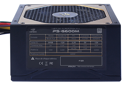 Fonte ATX 600W reais C3Tech PS-G600M 80 plus PFC ativo